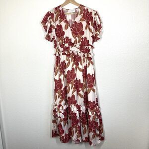 Böhme Dress Womens Small Red Floral Ruffle Maxi V Neck Flutter Sleeve Boho